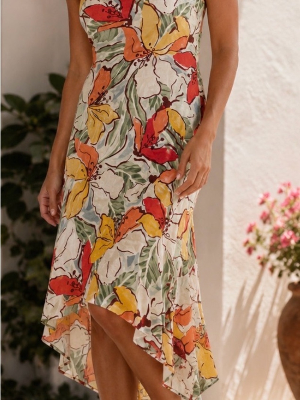 First Love Floral High-Low Midi Dress in Yellow, Red, Orange and Green